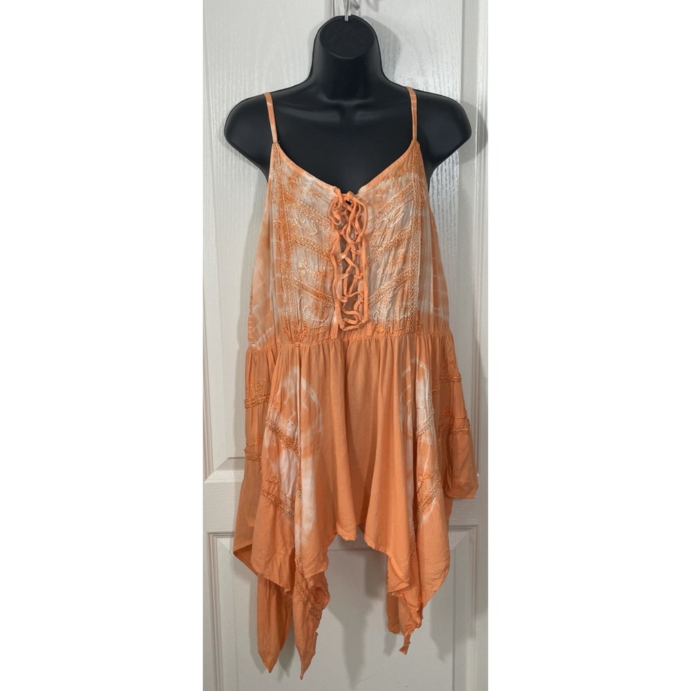 Taxi Orange Tie Dye Boho Fairy Top XL Tie Front Hanky Hem Ren Faire Festival
